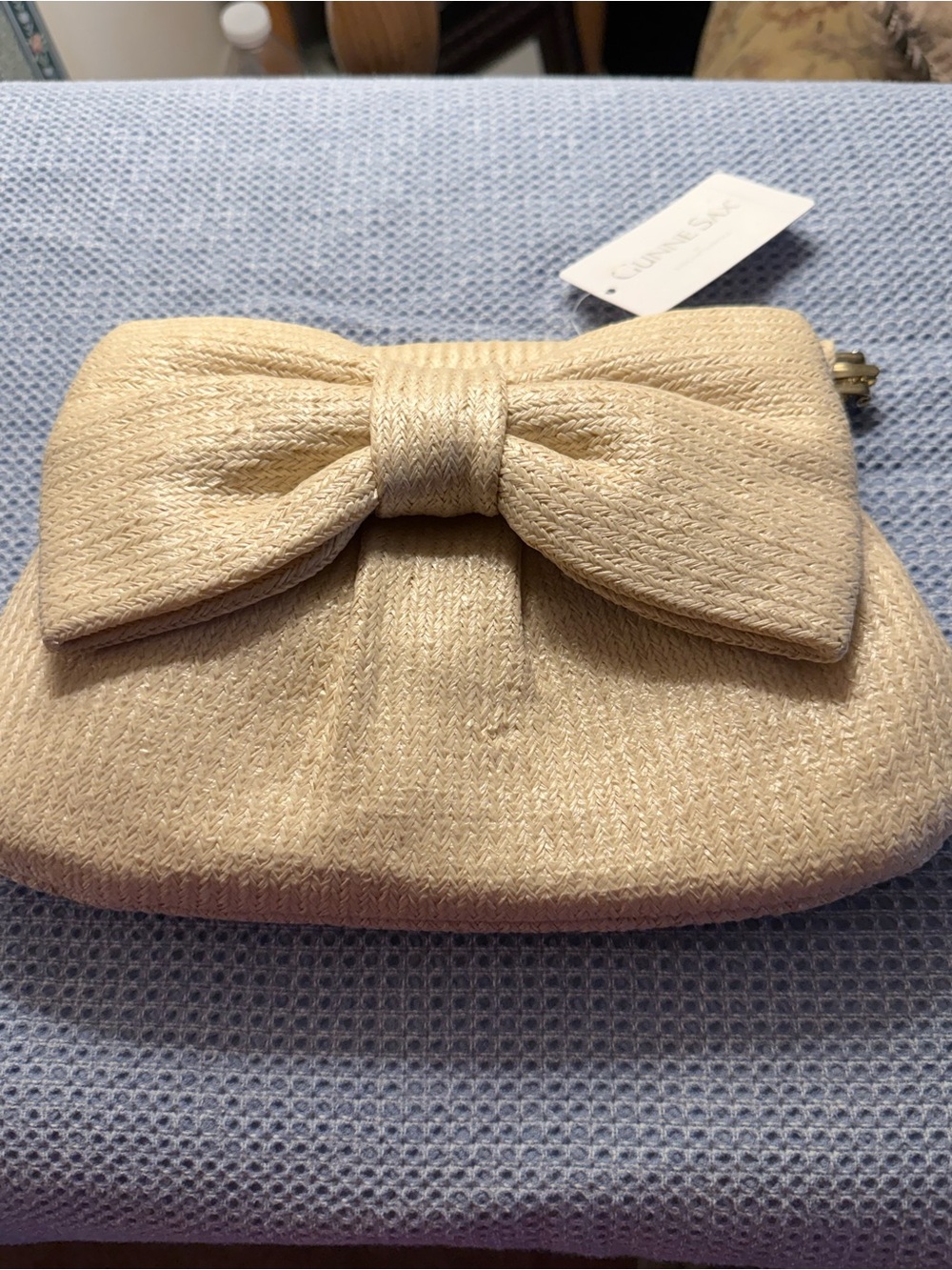 Jessica McClintock Elegant Cream Bow Accent Women's Clutch